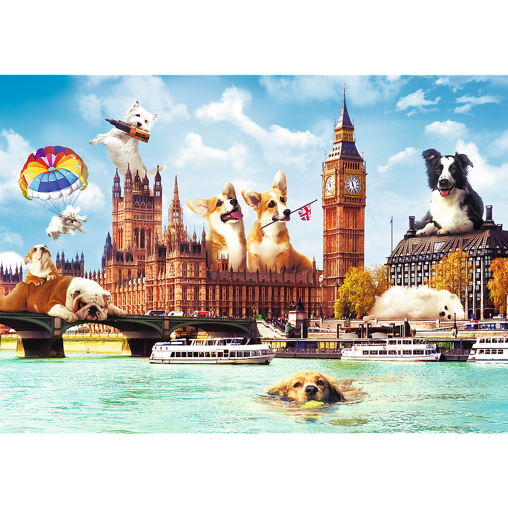 1000 Piece Jigsaw Puzzles, Dogs in London, Puzzle of Dogs, Corgi, Bulldog, Westie, Adult Puzzles, Trefl 10596