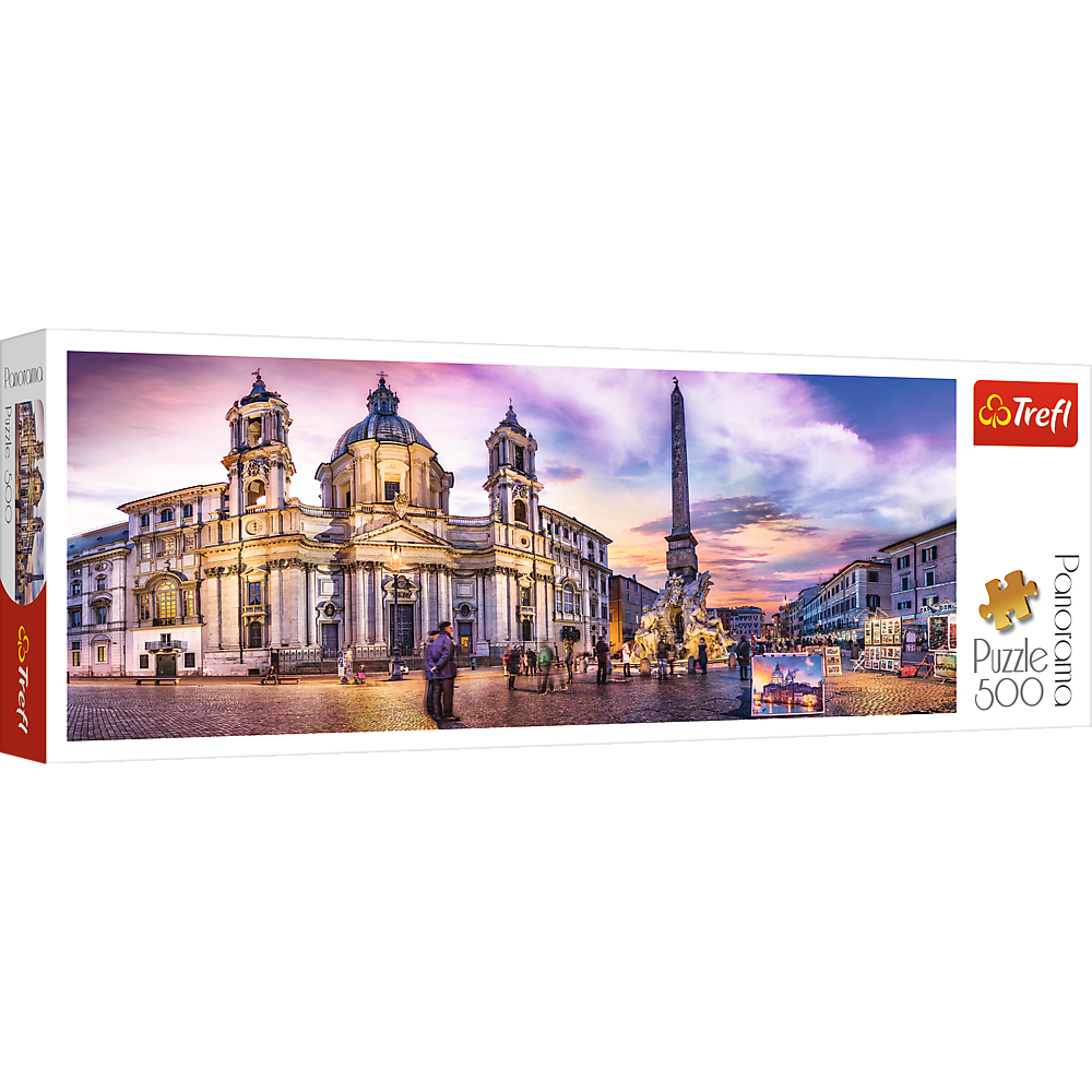 Panorama 500 Piece Jigsaw Puzzle, Piazza Navona, Rome, Italy, Fountain of the Four Rivers, European Cities Puzzle, Adult Puzzles, Trefl 29501