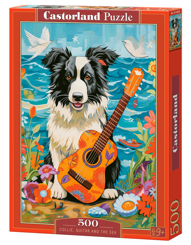 500 Piece Jigsaw Puzzle, Collie, Guitar and the Sea, Animal puzzle, Dog, Pets, Adult Puzzle, Castorland B-54008