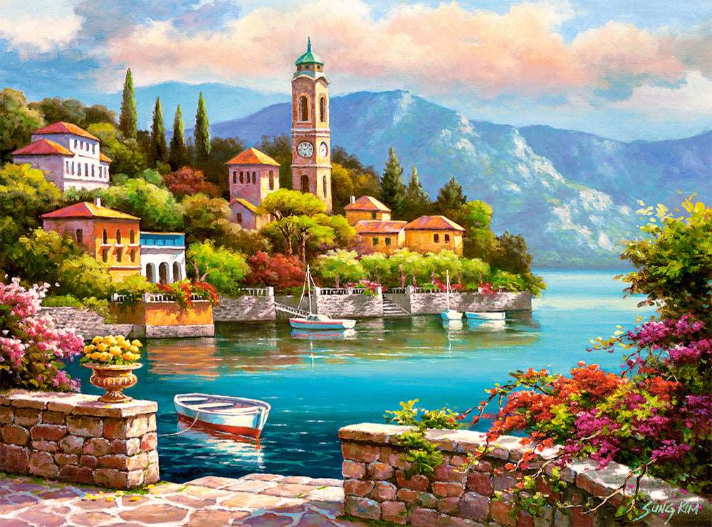 2000 Piece Jigsaw Puzzle, Village Clock Tower, Dolomites, Italy, Idyllic Landscape, Mountains and lake, Adult Puzzles, Castorland C-200696-2