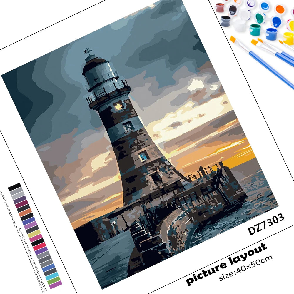 East Coast Lighthouse Scene Acrylic Paint By Numbers Kit on Canvas