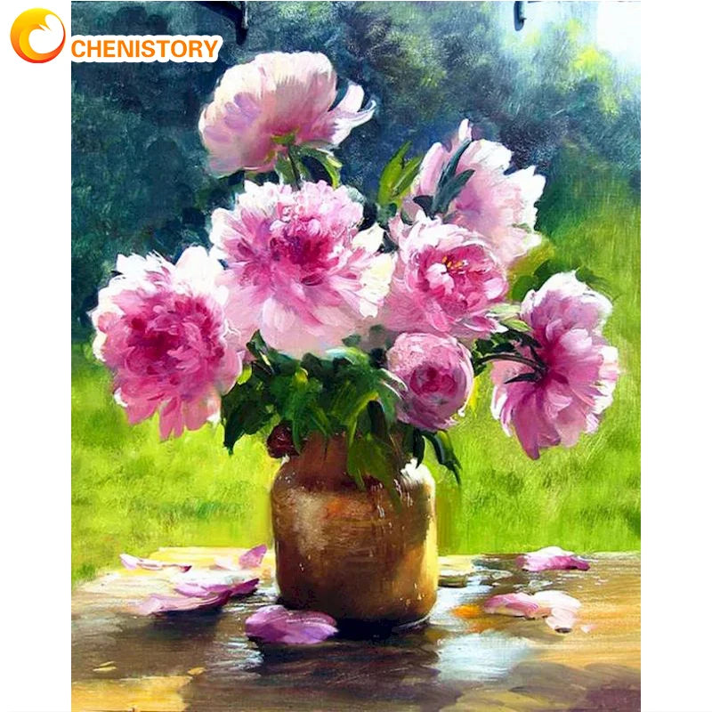 Stunning Pink Flowers Nestled in Copper Vase Acrylic Paint By Numbers Kit on Canvas