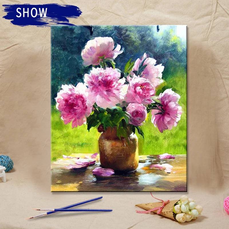 Stunning Pink Flowers Nestled in Copper Vase Acrylic Paint By Numbers Kit on Canvas