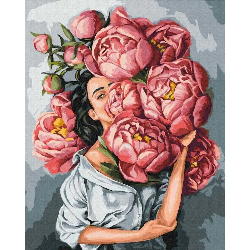 Shy Women with Pink Bouquet of Pink Flowers Acrylic Paint By Numbers Kit on Canvas