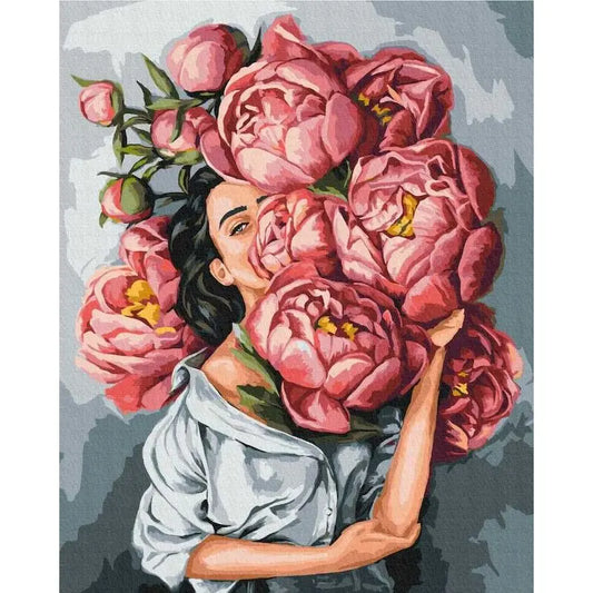 Shy Women with Pink Bouquet of Pink Flowers Acrylic Paint By Numbers Kit on Canvas