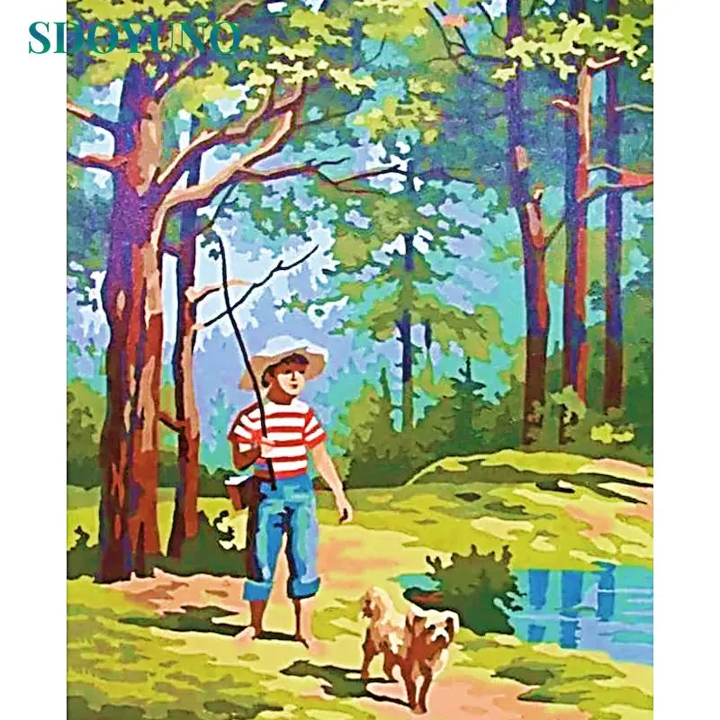 Boy with best friend gone fishing Acrylic Paint by numbers kit on Canvas