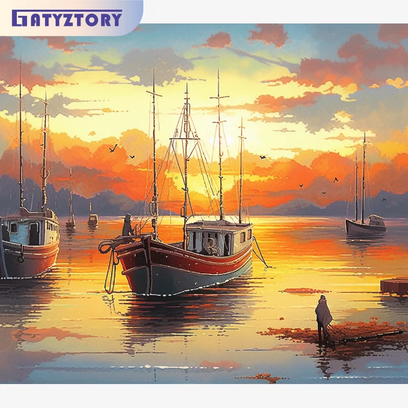 Stunning Sunset Seascape Boat Acrylic Paint By Numbers Kit on Canvas for Adults