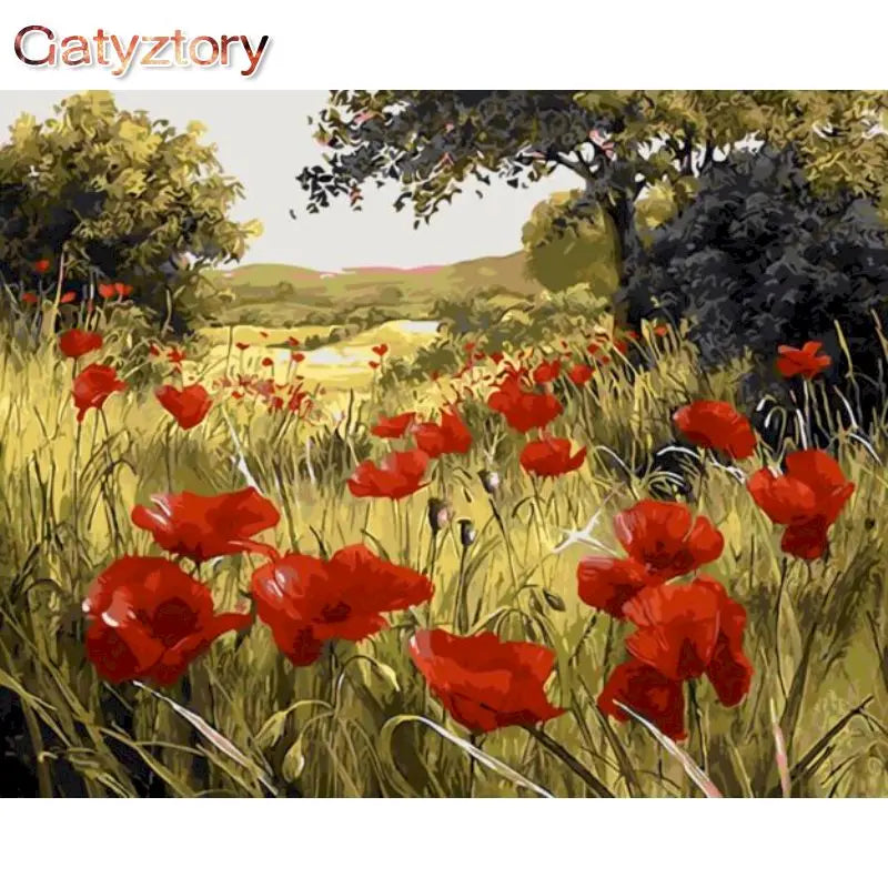 Poppy Flower Hiding in the Trees Acrylic Paint by Numbers Kit on Canvas for Adults