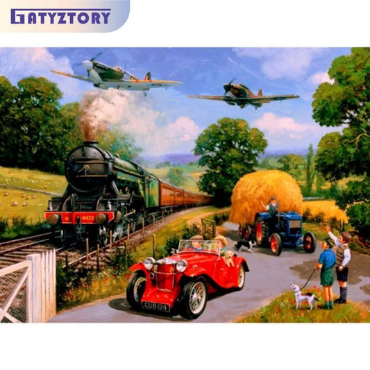 Historical Rural Scene with Train, Plane & Car Acrylic Paint By Numbers Kit on Canvas for Adults