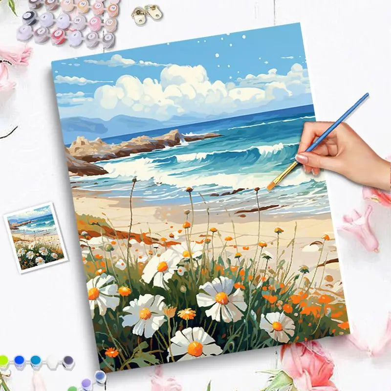 Beautiful Daisy  Beach Bloom Acrylic Paint By Numbers Kit on Canvas