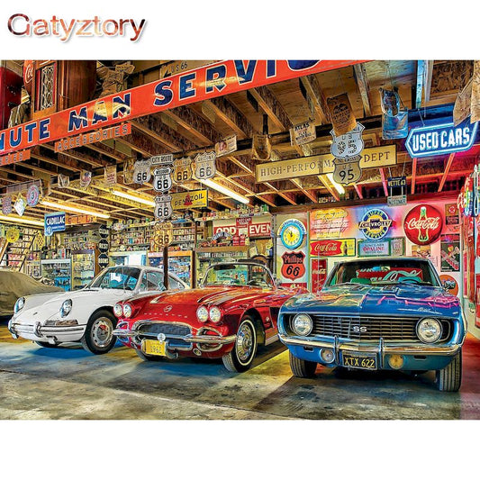 Vintage Car Shop Canvas Paint By Numbers Kit