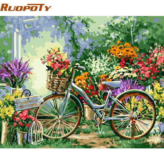 Bicycle & Flowers Acrylic Canvas Paint By Numbers Kit for Adults