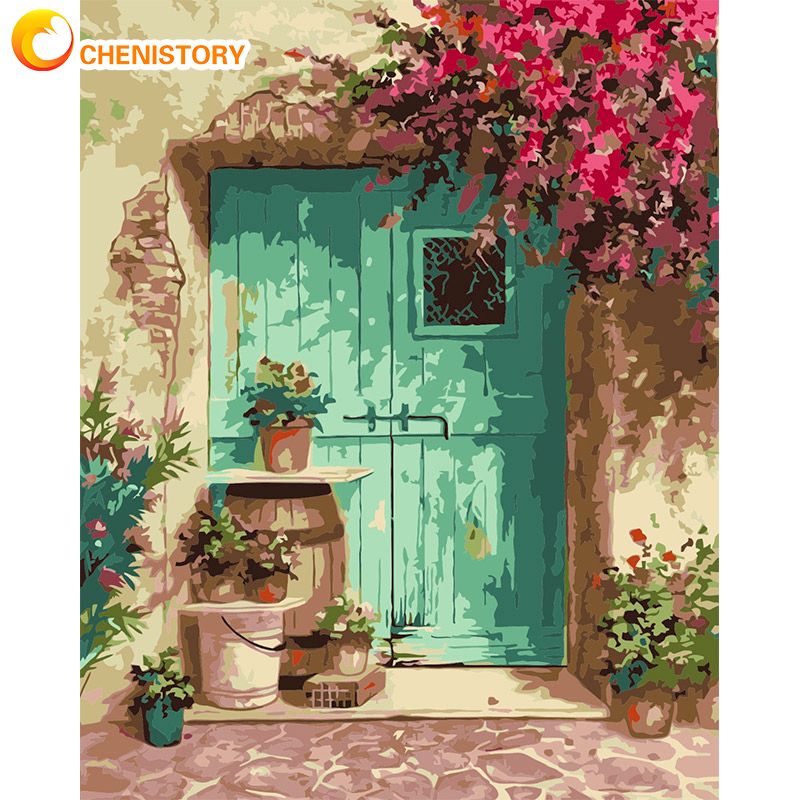 Blue Door With Flower Acrylic Paint by Numbers Kit