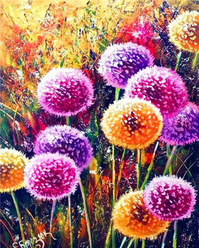 Acrylic Paint By Number Kit of Dandelion Flowers on Canvas