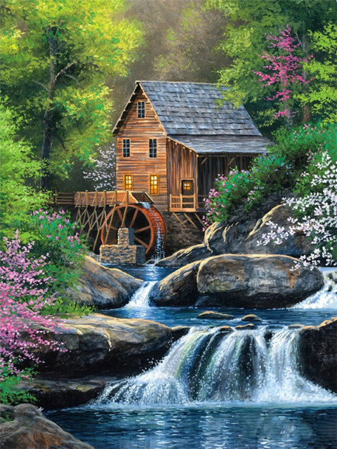 Acrylic Paint By Numbers Kit of Mountain Waterfall Landscape on Canvas