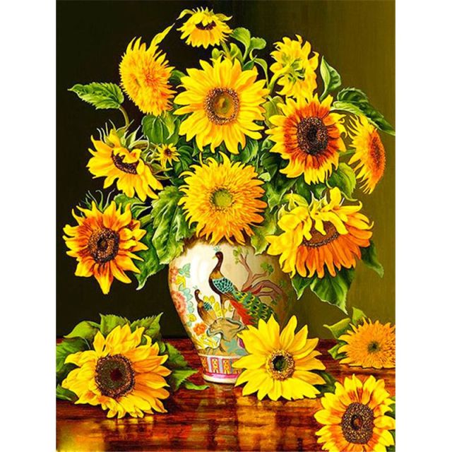 Acrylic Paint By Number Kit of Sunflowers In Vase on Canvas